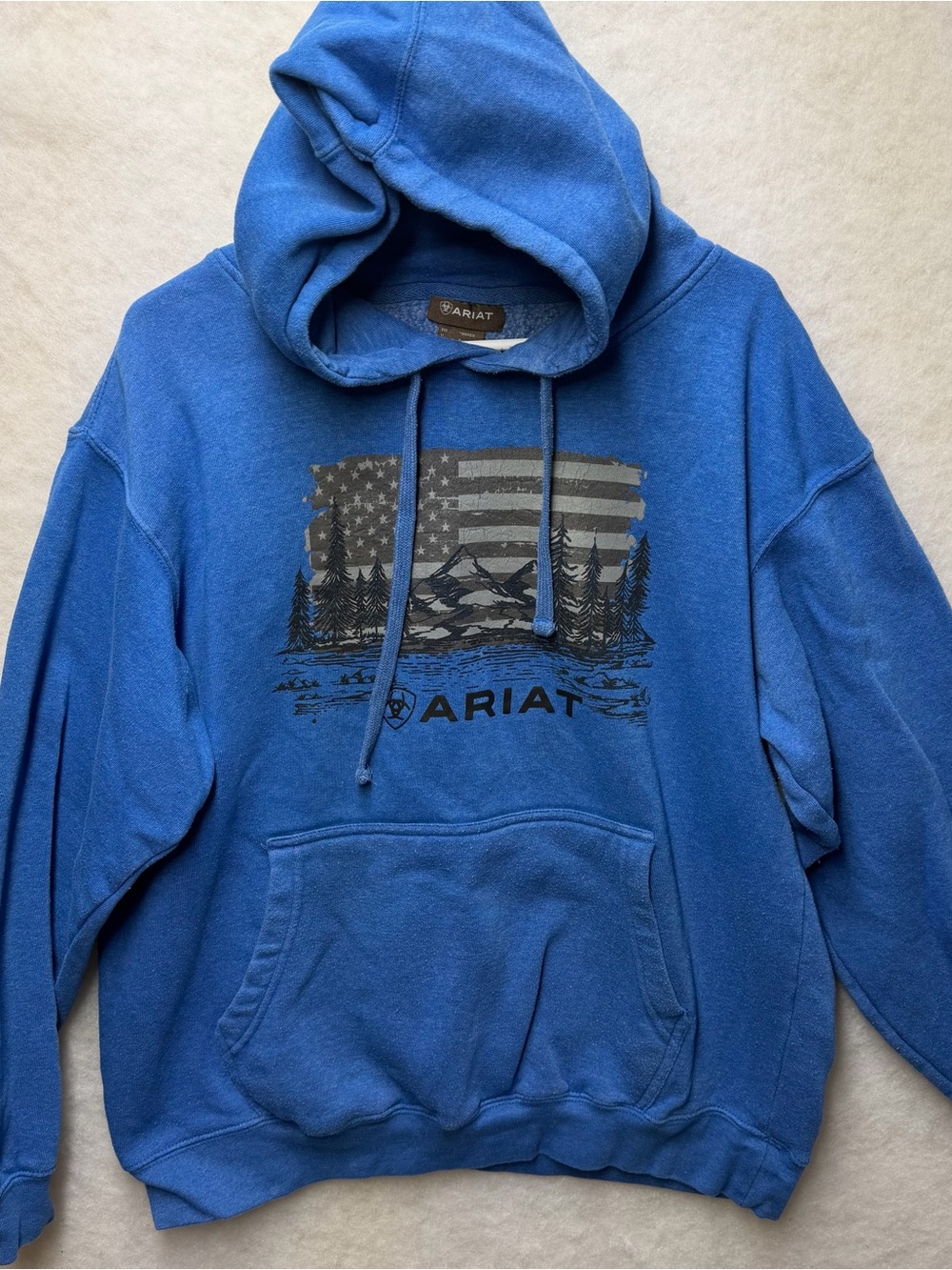 Ariat Men's Land of the Free Hoodie Sweatshirt Blue Graphic Mountain Flag Size L